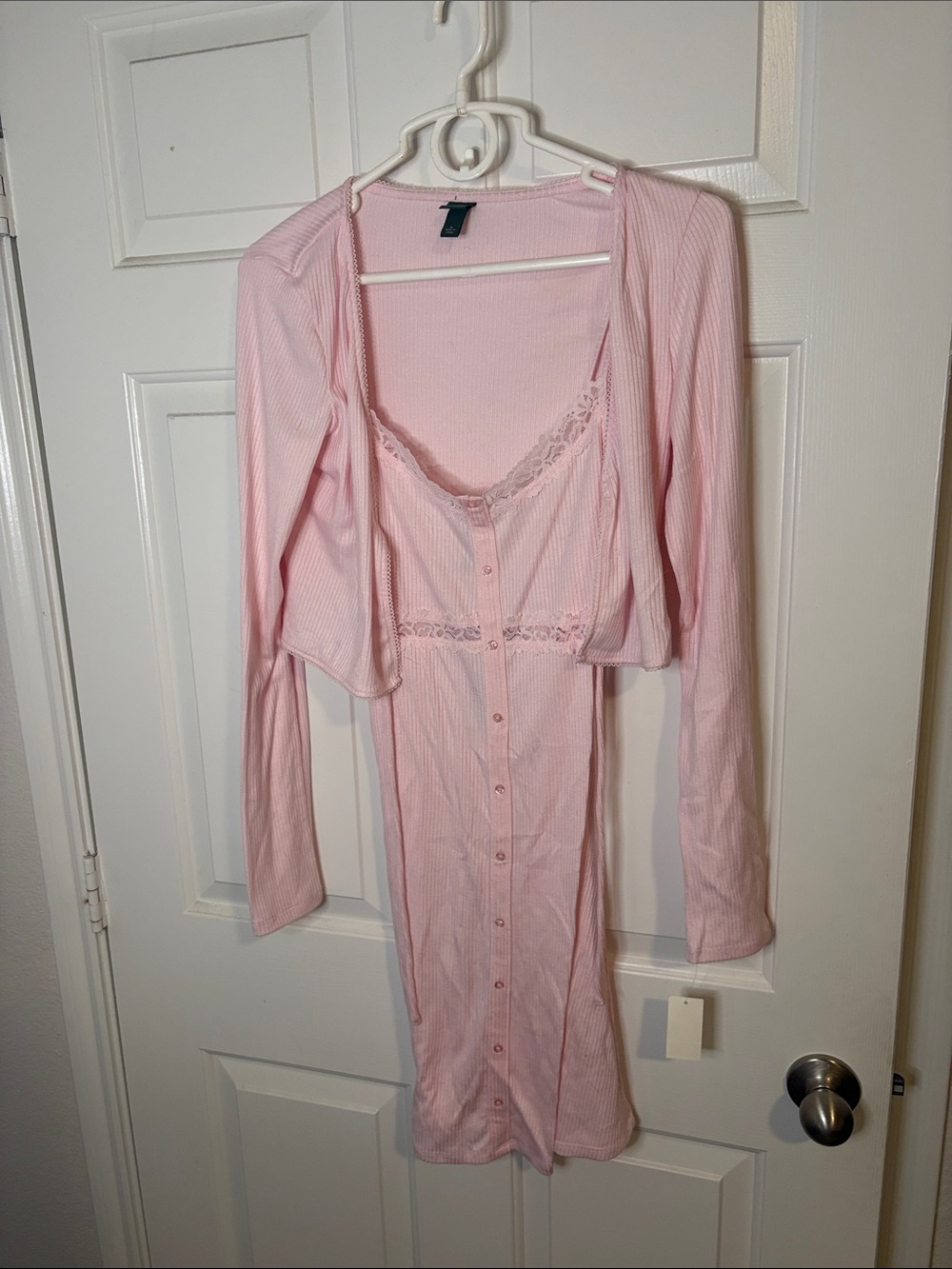 Soft Pink Lace-Trim Button-Front Women's Dress